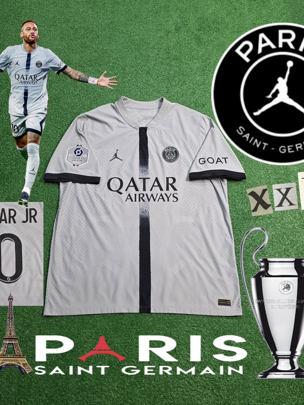 Jordan X PSG Neymar Jr #10 2022/2023 Away Authentic Gray Jersey Ligue 1 Patch